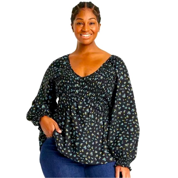 1X 3X Ava & Viv Black Floral Smocked Peplum Blouse Top Puff Sleeve Target NEW - Picture 1 of 9